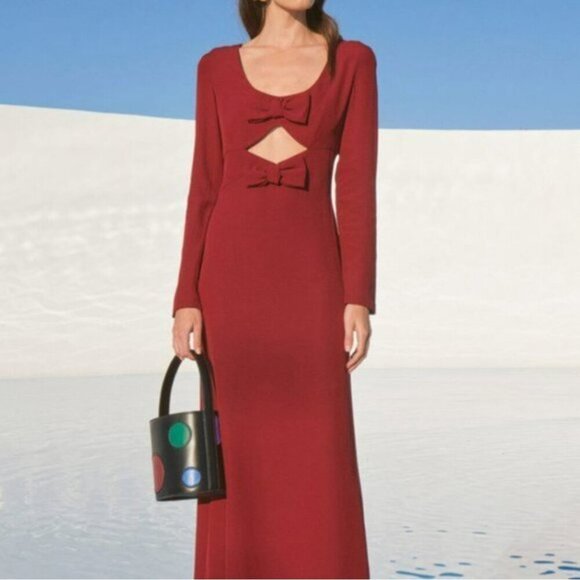 Staud Lido Dress Maxi Long Sleeve Cutout Bow Evening Gown Dark Red New Size 8 - Picture 5 of 13